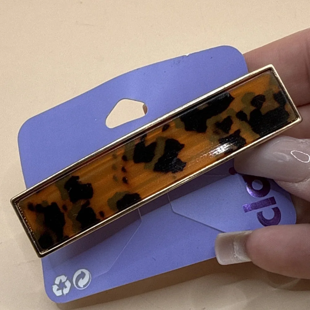 Claire's Rectange Orange Black Cheetah Animal Print Barrette Hair Clip Gold Rim